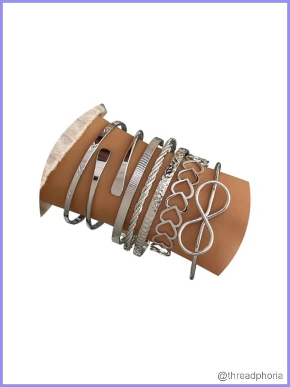 7 Pc Silver Plated Bangle Bracelet Set Women Stackable Boho Heart Adjustable
